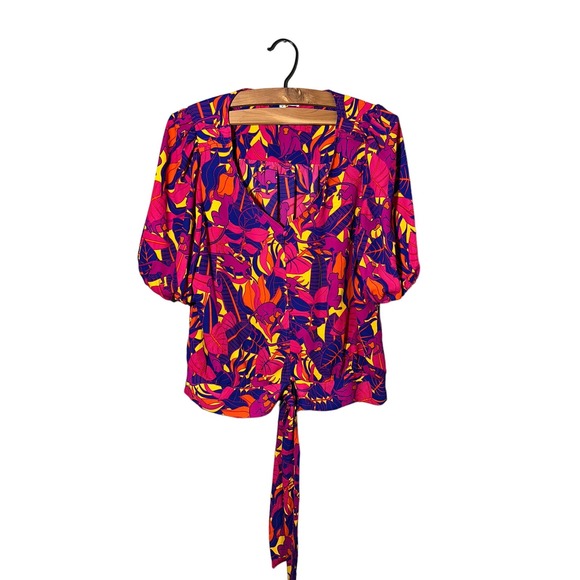 Rose+Olive Womens Blouse Top V-Neck Waist 3/4 Sleeve‎ Leaf Pattern Pink M - Picture 1 of 4